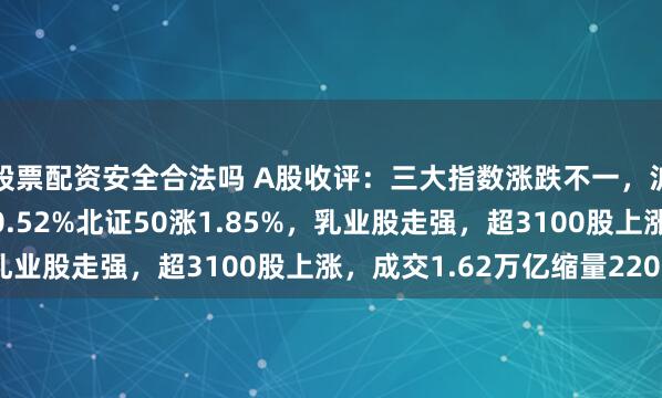 股票配资安全合法吗 A股收评：三大指数涨跌不一，沪指涨0.19%创指跌0.52%北证50涨1.85%，乳业股走强，超3100股上涨，成交1.62万亿缩量2200亿